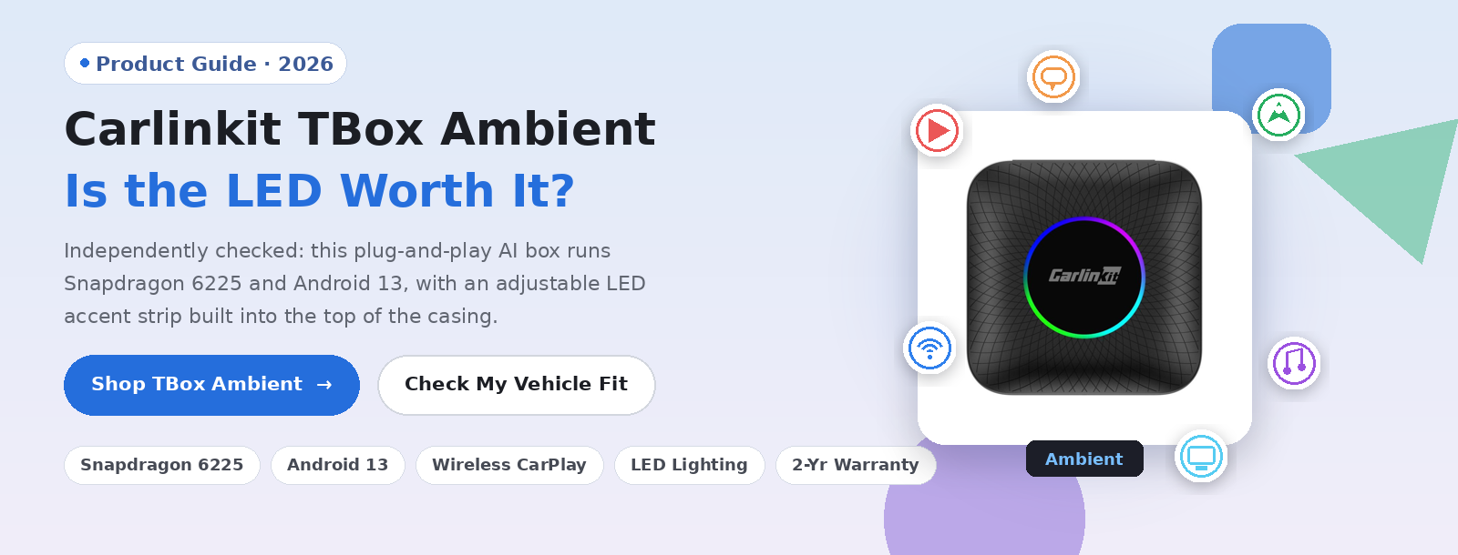 Carlinkit TBox Ambient product hero showing the device with its glowing LED ring