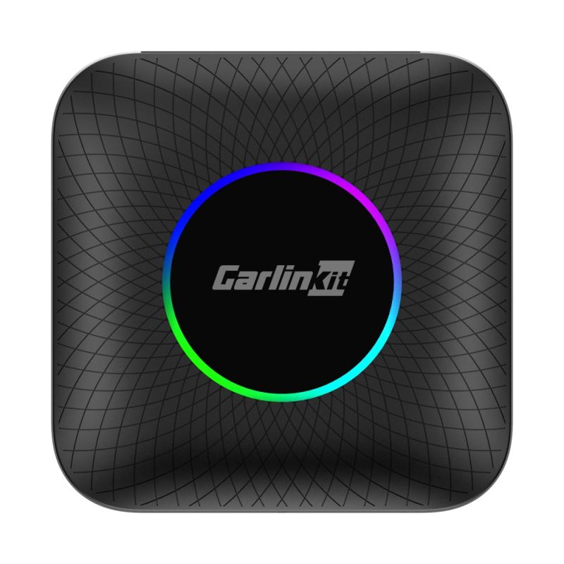 Close-up of the Carlinkit TBox Ambient's glowing LED ring on top of the casing