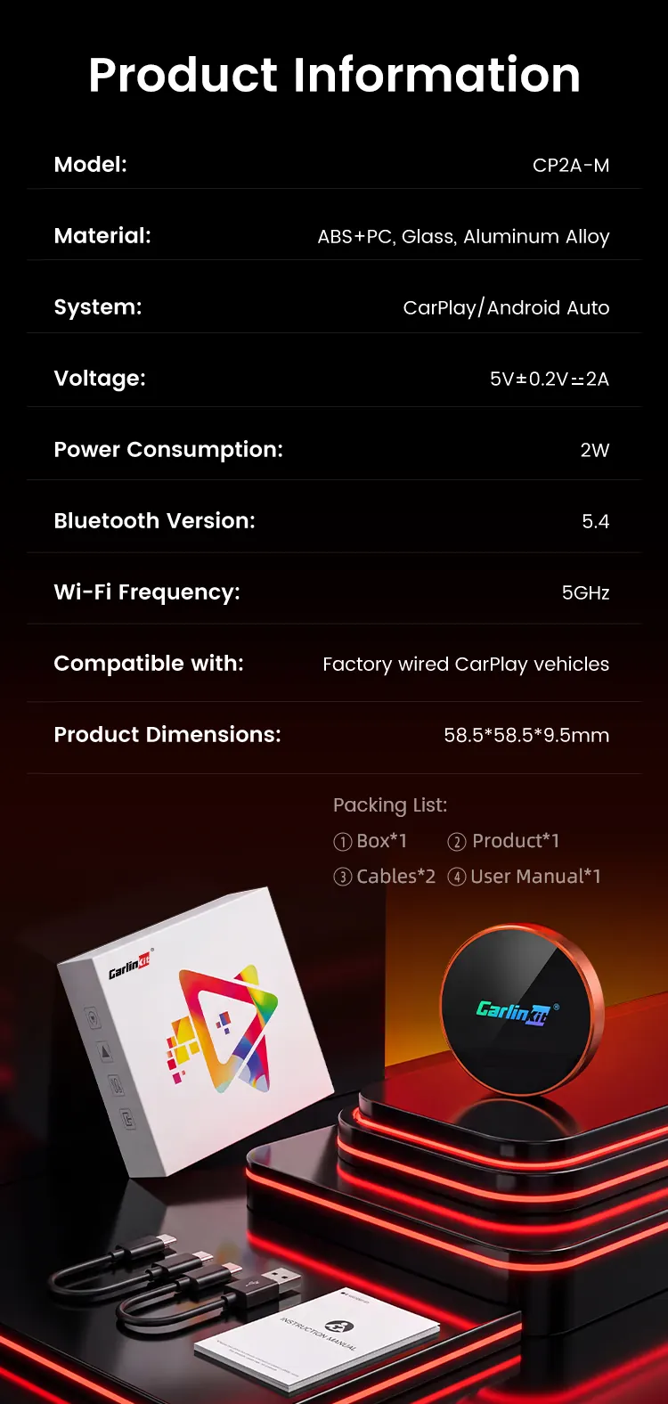 Product information table: model CP2A-M, material, system, voltage, power consumption, Bluetooth and WiFi specs, packing list