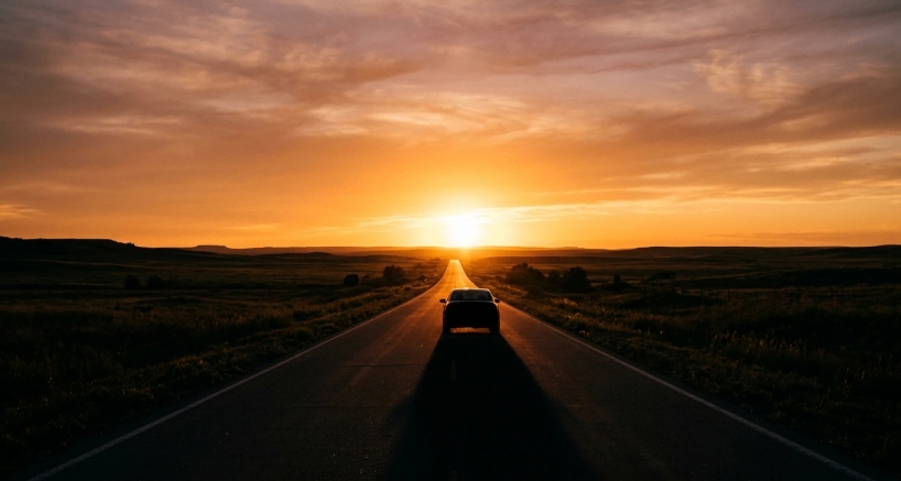 Highway drive at sunset