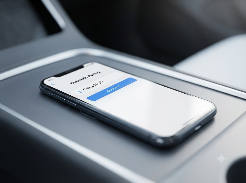 Phone showing a Bluetooth pairing screen inside a car