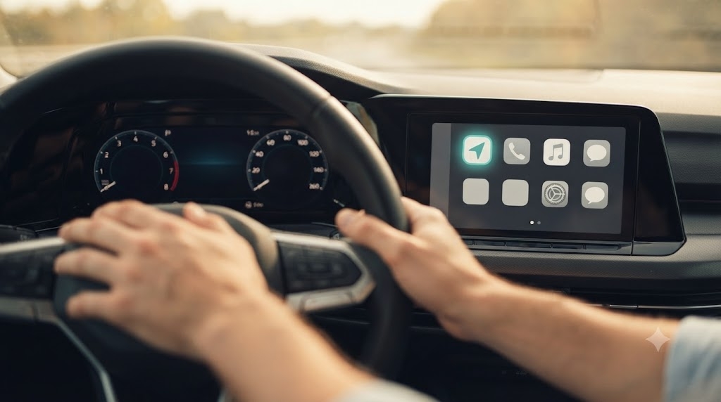 Driver using the mirrored app interface on the car's dashboard screen