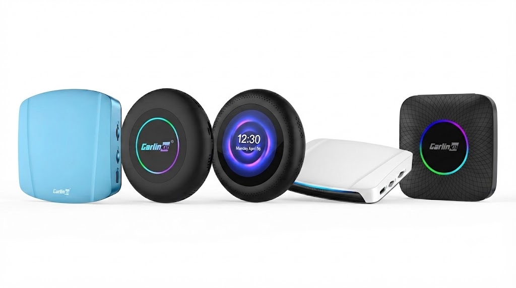 Lineup of Carlinkit CarPlay AI box models side by side