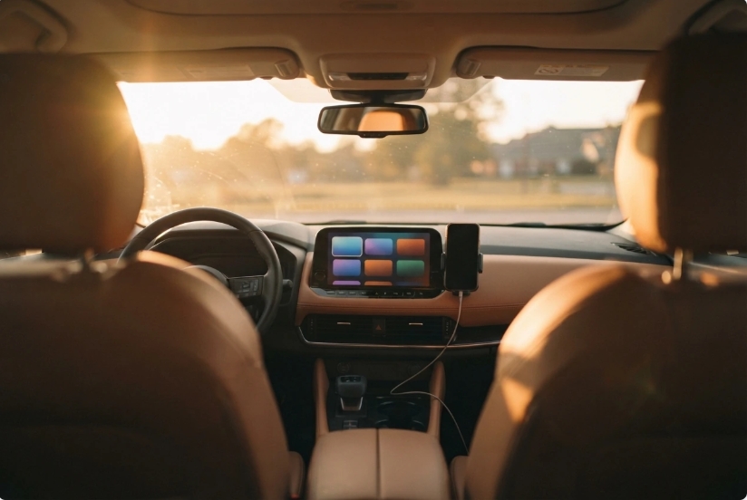 View from the back seat of a parked car at golden hour, dashboard screen glowing softly with a streaming menu