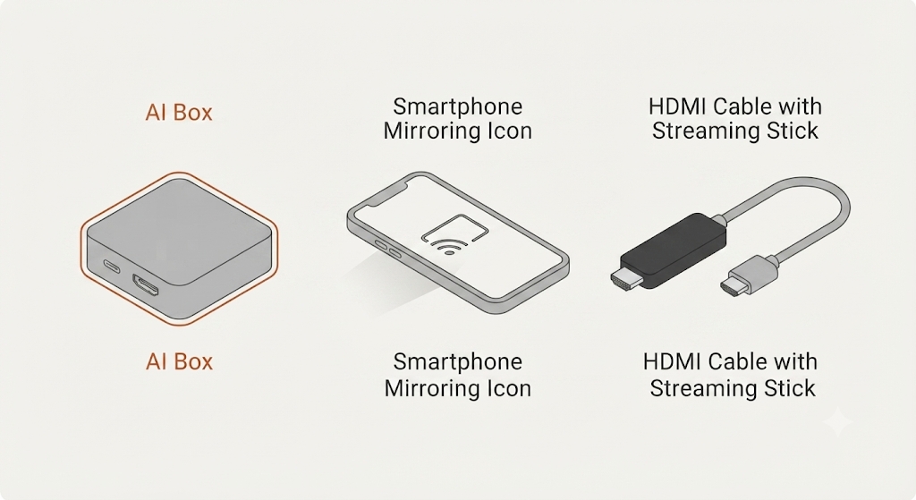 Diagram comparing three methods: a CarPlay AI box, smartphone screen mirroring, and an HDMI cable with streaming stick