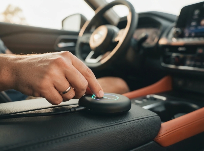 Close-up of a hand pressing a Carlinkit AI box mounted on a car's center console