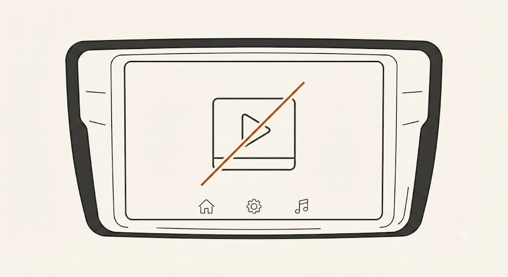 Diagram of a car infotainment screen with a video play icon crossed out, illustrating that native CarPlay blocks video apps