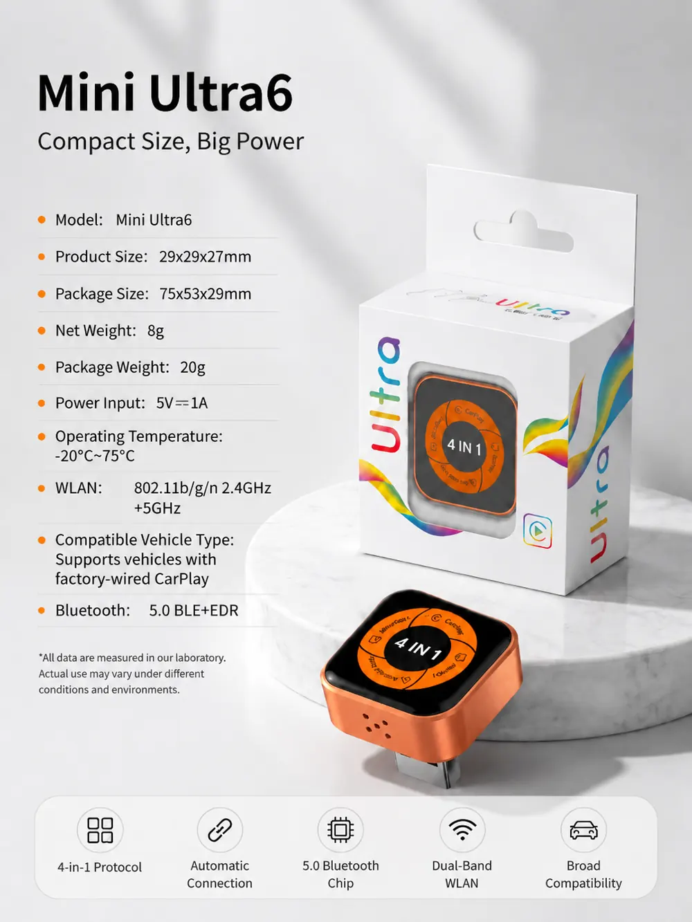 Mini Ultra 6 product information: model, size, weight, power input, WLAN, Bluetooth and vehicle compatibility