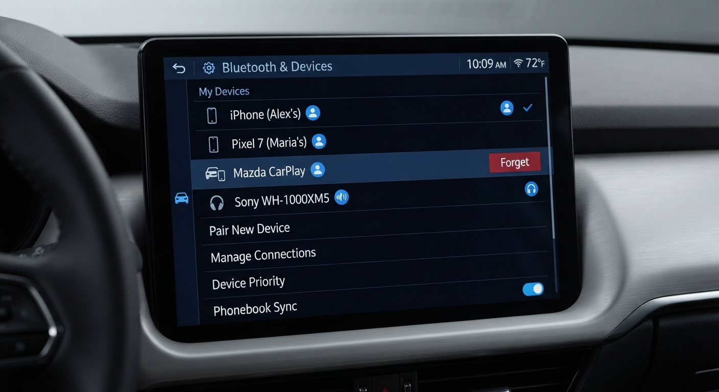 Car infotainment screen showing a list of paired Bluetooth devices with a delete option