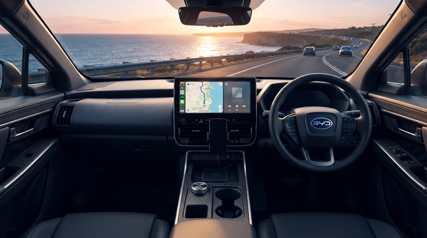Car interior with the AI Box and a coastal sunset drive