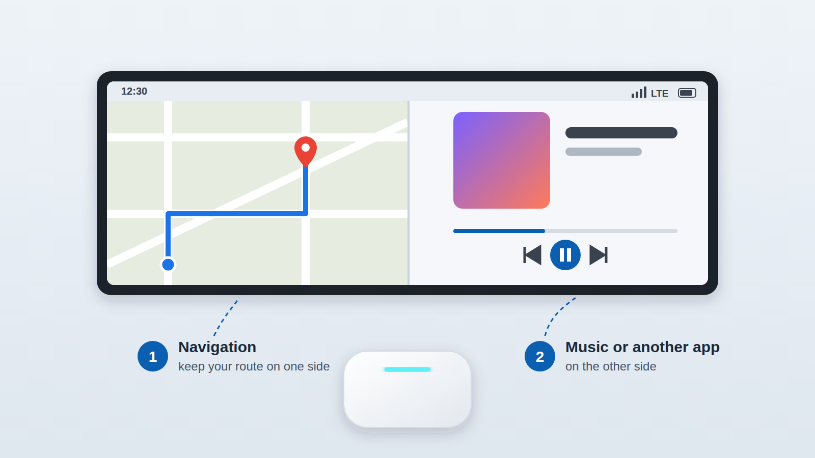 Tbox Max Ultra split screen showing navigation and a music app side by side on the car screen