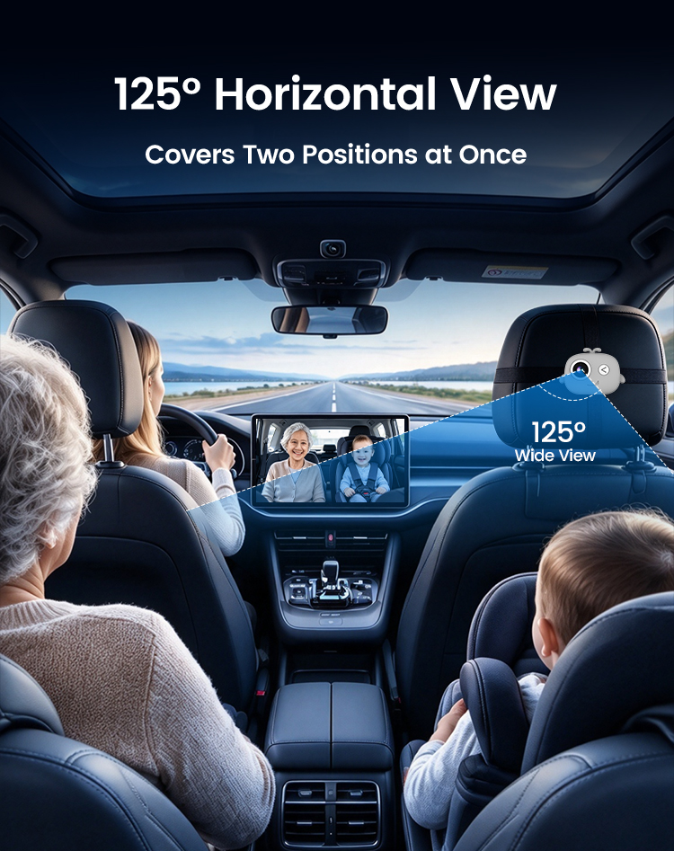 125 degree wide angle covers two rear seats