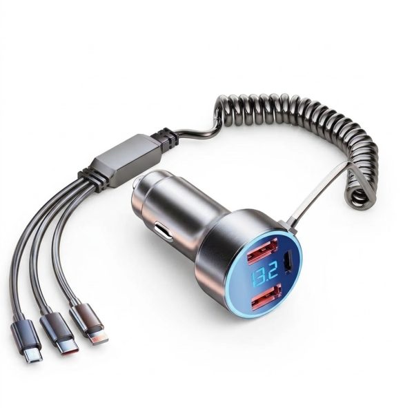 100W Car Charger with Retractable 3-in-1 Coiled Cable — Charge 6 Devices, LED Voltmeter, 12V/24V