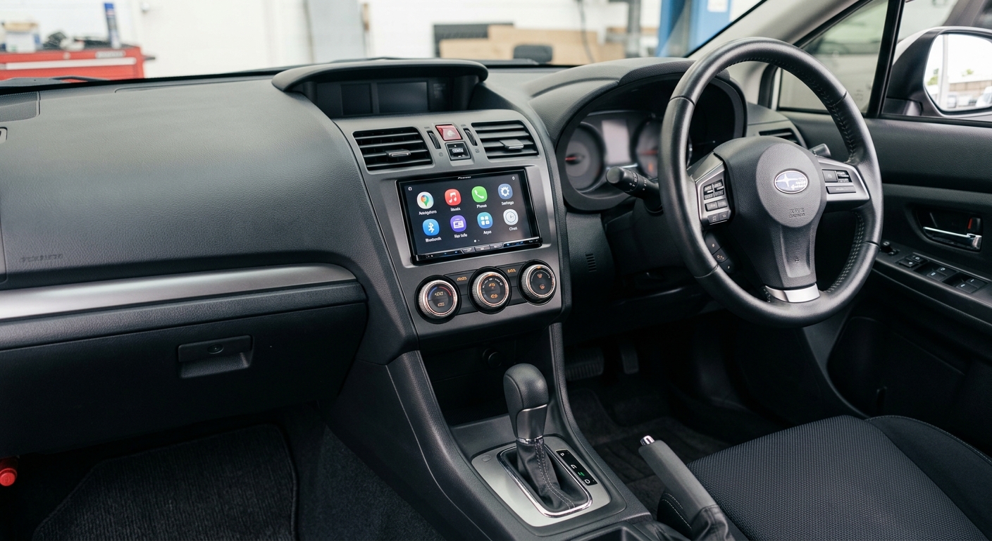 Aftermarket touchscreen head unit fitted in a right-hand-drive dashboard with a clean factory-style finish