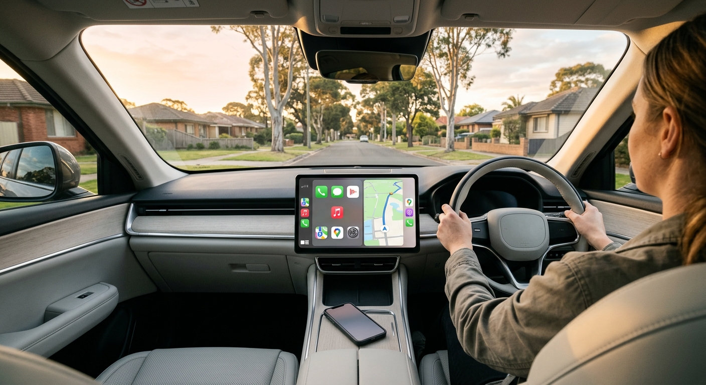Small adapter box on the console of a right-hand-drive car with a thin cable running to the touchscreen