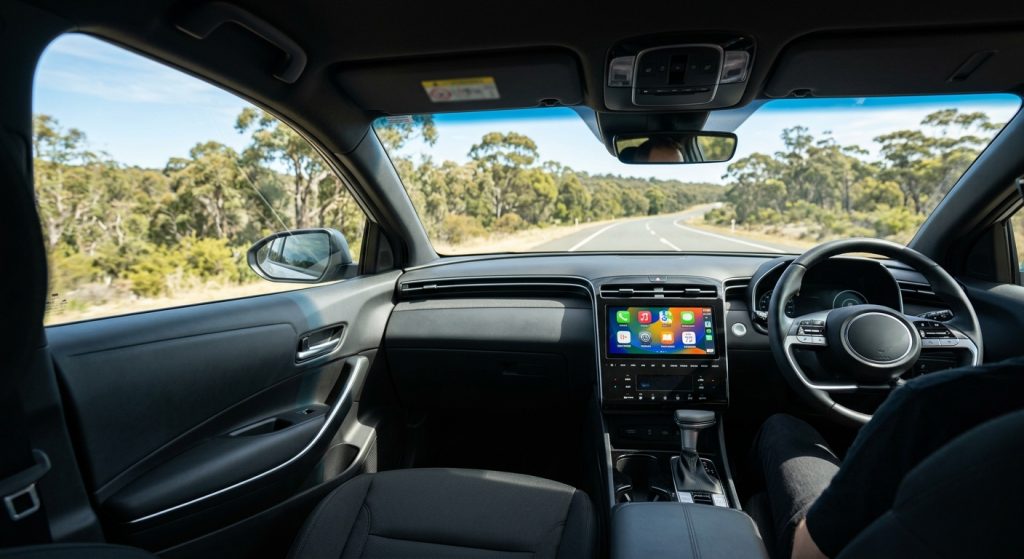 Portable Apple CarPlay screen on the dashboard of a bright right-hand-drive car