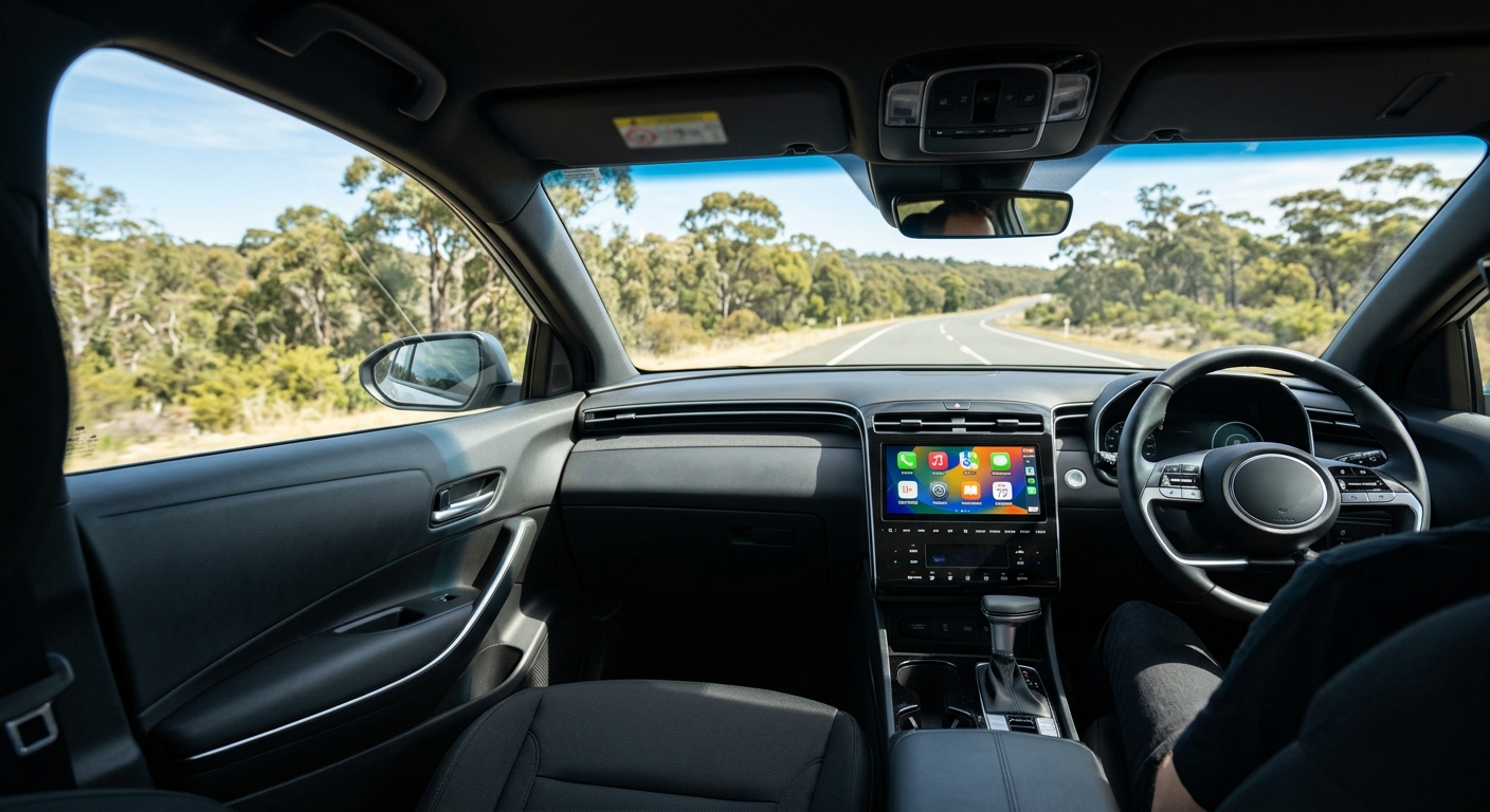 Portable Apple CarPlay screen on the dashboard of a bright right-hand-drive car