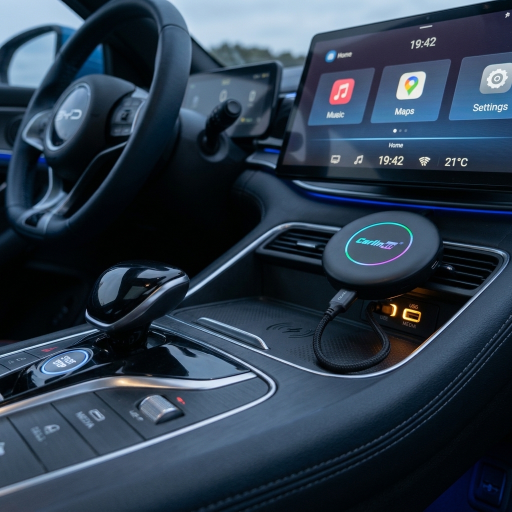 Small Android AI box connected by a thin cable to the USB port beside a car's centre console