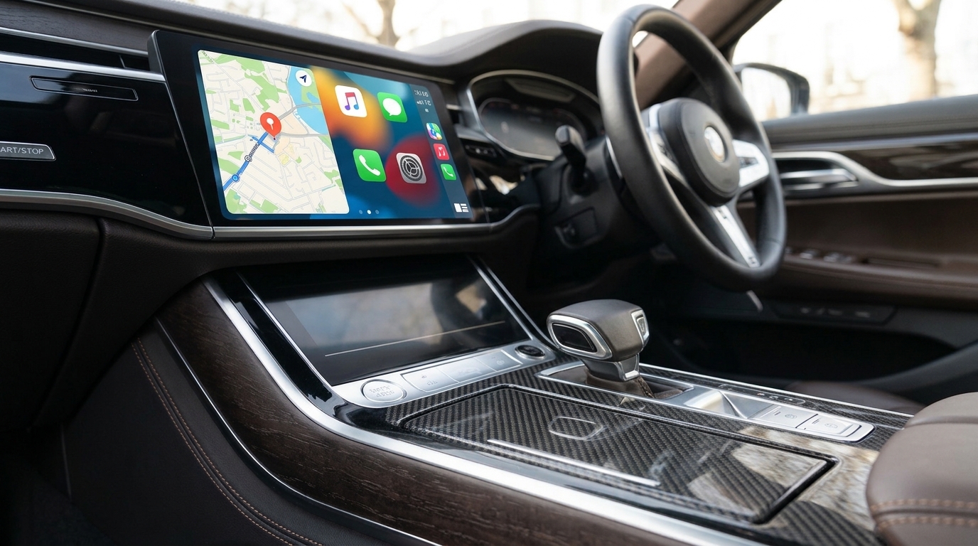 Right-hand-drive car interior with a large touchscreen showing app icons and a small plug-in box on the console