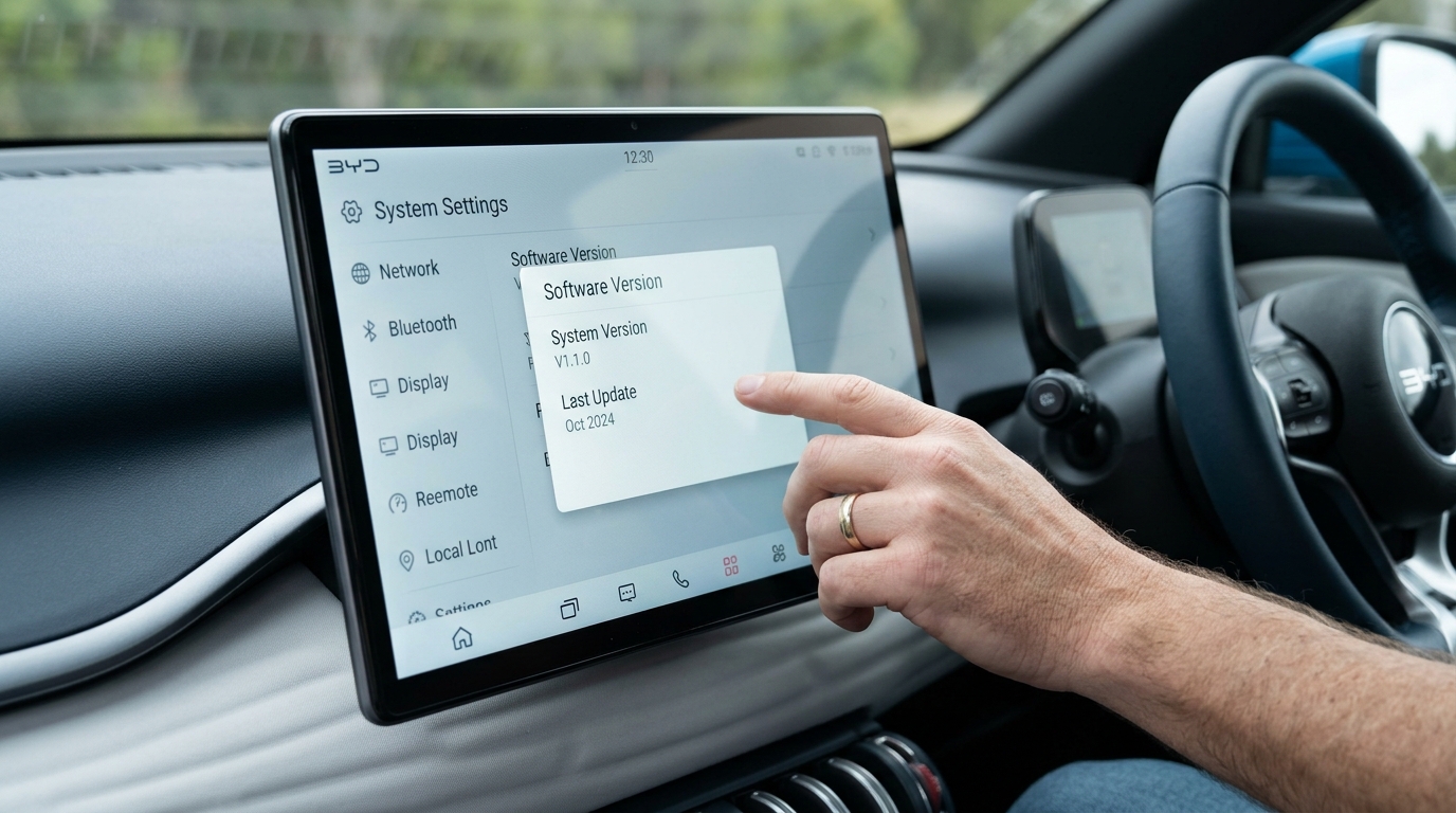 Right-hand-drive car touchscreen showing a system information menu while the driver checks the software version