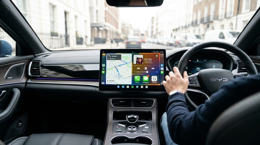Right-hand-drive car interior with a touchscreen showing a generic app grid and Right-hand-drive car interior with a touchscreen showing a generic app grid and a small box on the console