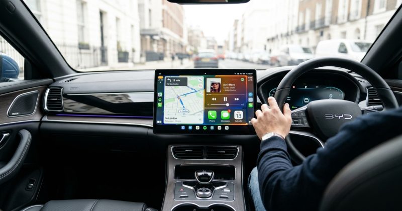 Right-hand-drive car interior with a touchscreen showing a generic app grid and a small box on the console