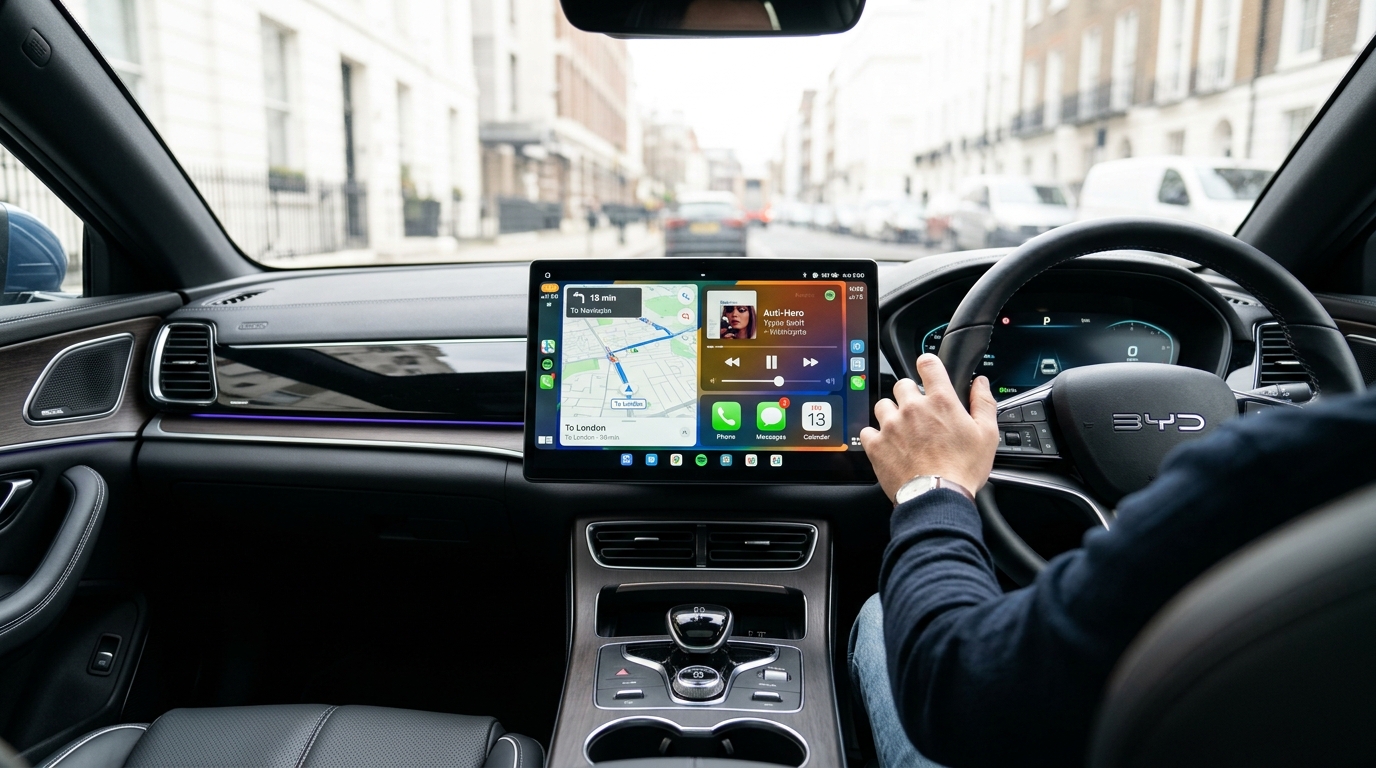 Right-hand-drive car interior with a touchscreen showing a generic app grid and a small box on the console