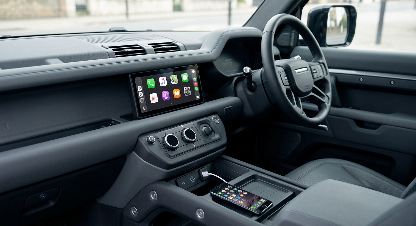 Right-hand-drive car dashboard with a CarPlay home screen showing and a USB cable plugged into the console port