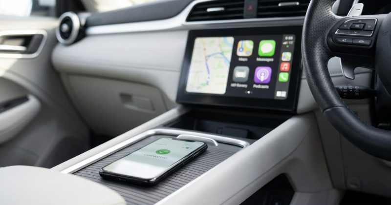 Centre touchscreen of a right-hand-drive car showing a CarPlay-style app grid with a phone resting on the console