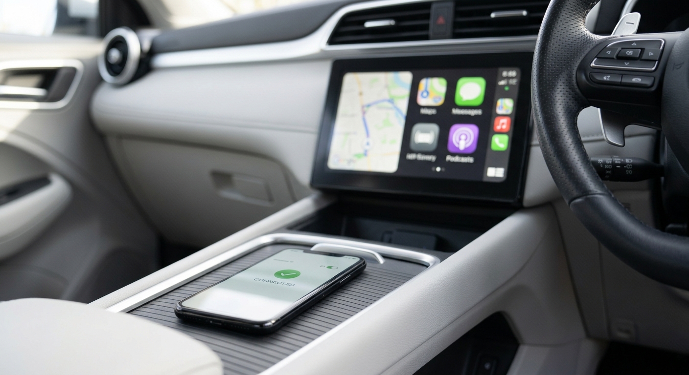 Centre touchscreen of a right-hand-drive car showing a CarPlay-style app grid with a phone resting on the console