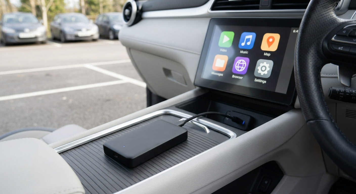 iPhone resting on the centre console of a right-hand-drive car with CarPlay showing on the touchscreen