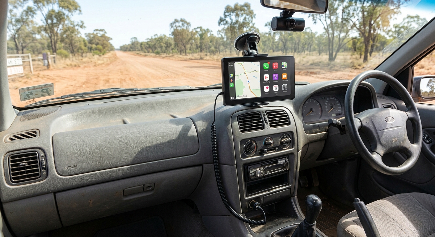 Phone charging in a car cradle while the dashboard screen shows a CarPlay app grid