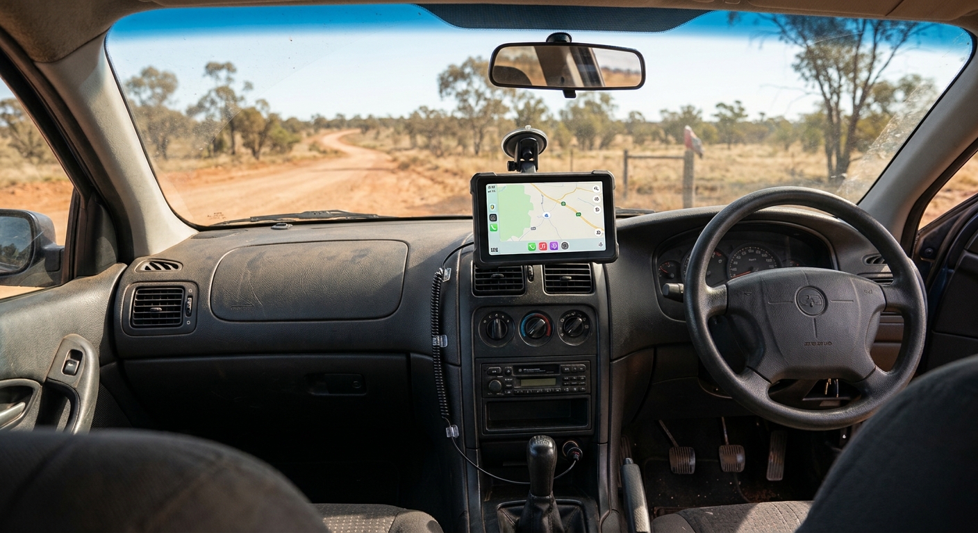 Portable CarPlay touchscreen mounted on the dashboard of a right-hand-drive car