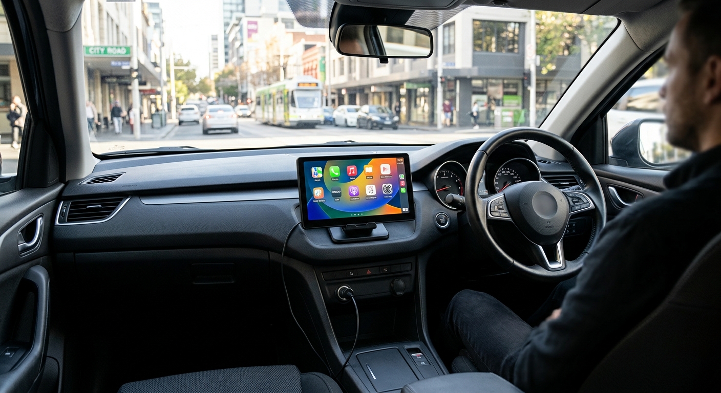 Portable wireless CarPlay screen mounted on a right-hand-drive dashboard showing a colourful app grid