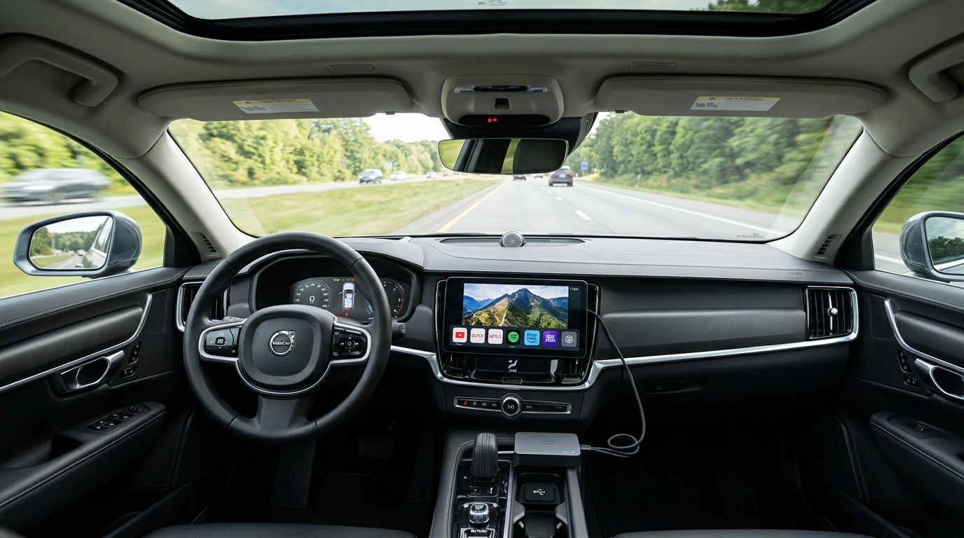 Small plug-in Android box connected by a short cable to a right-hand-drive car's large centre touchscreen
