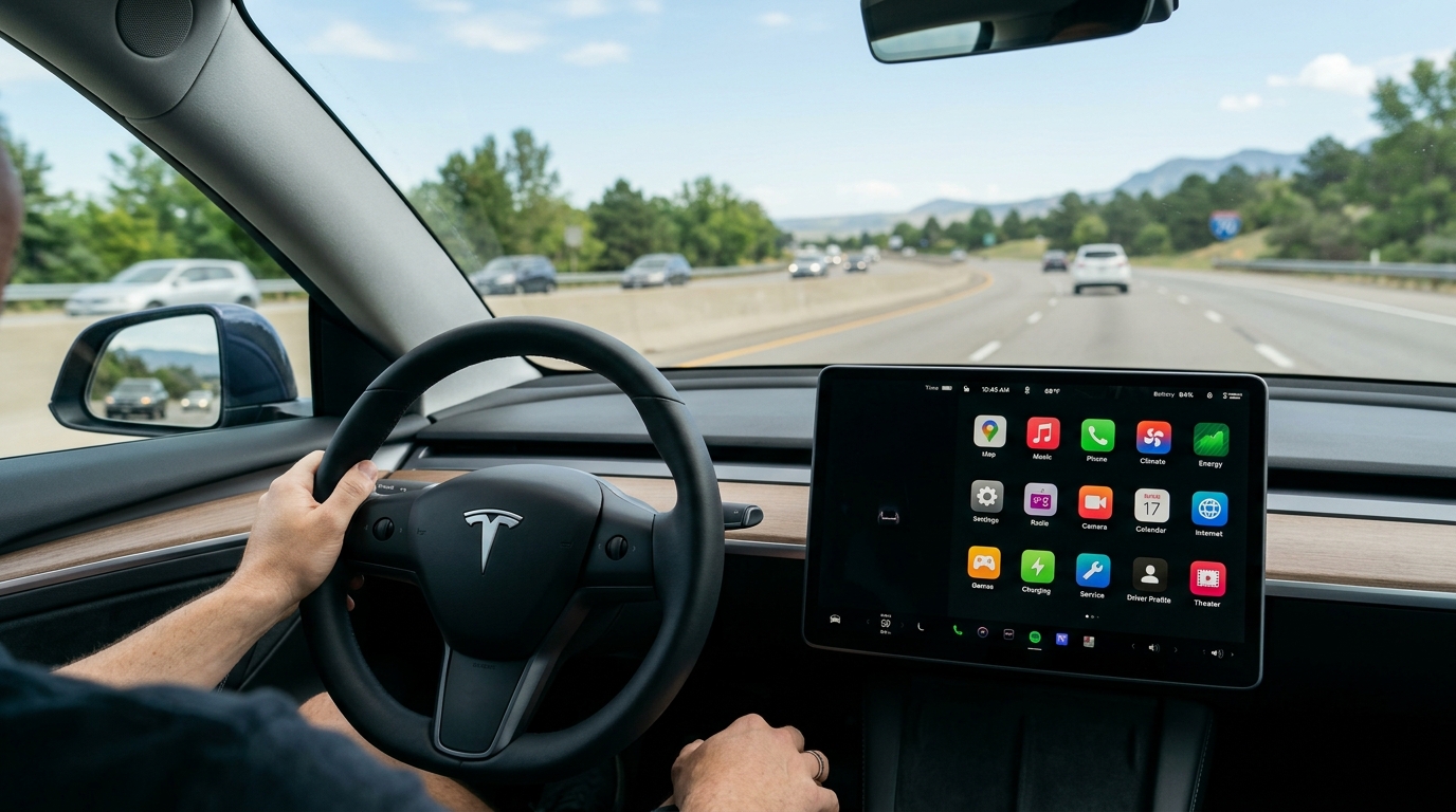 Right-hand-drive car with the centre touchscreen showing a CarPlay-style app grid in landscape orientation