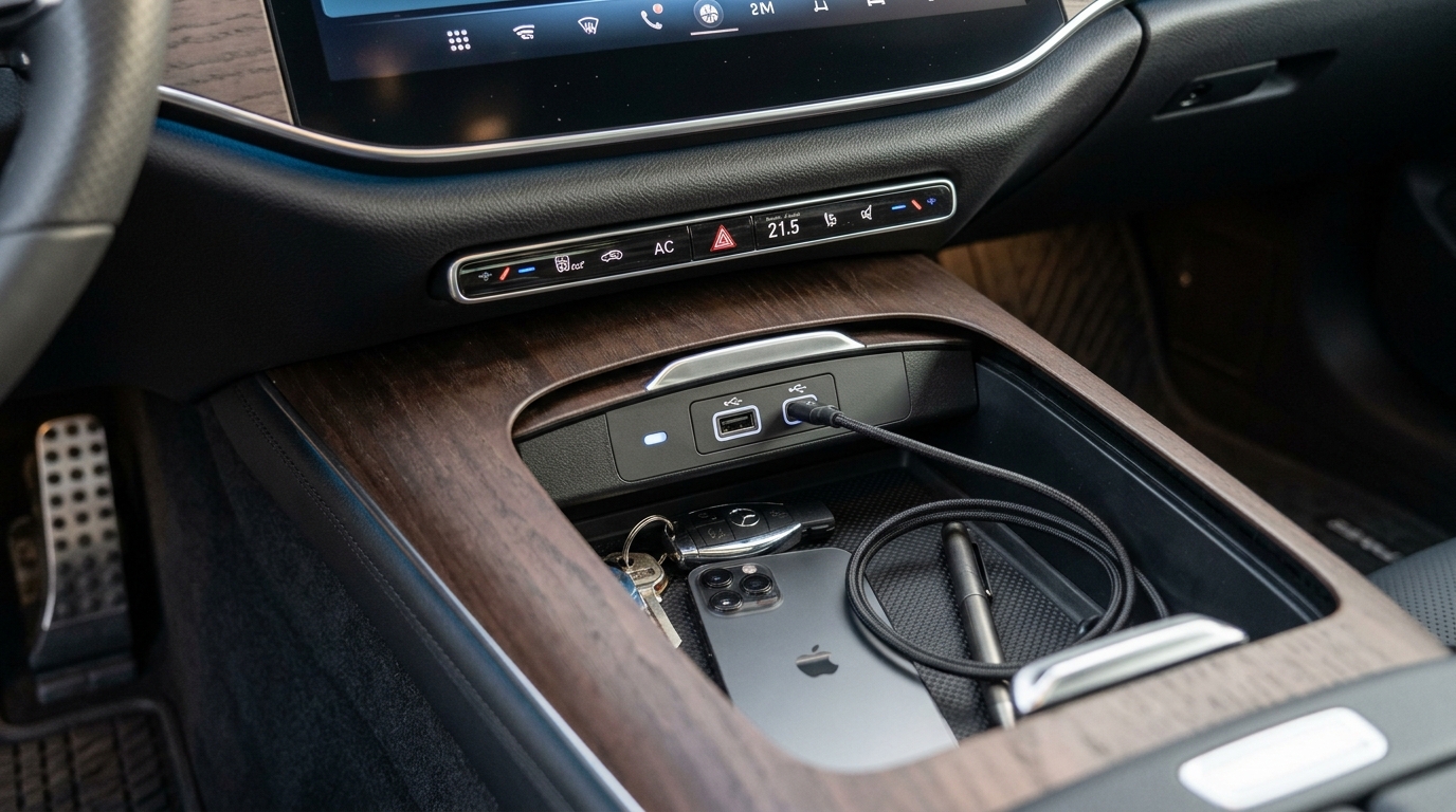 Close-up of the lower centre console of a right-hand-drive electric SUV with two USB ports and a phone tray