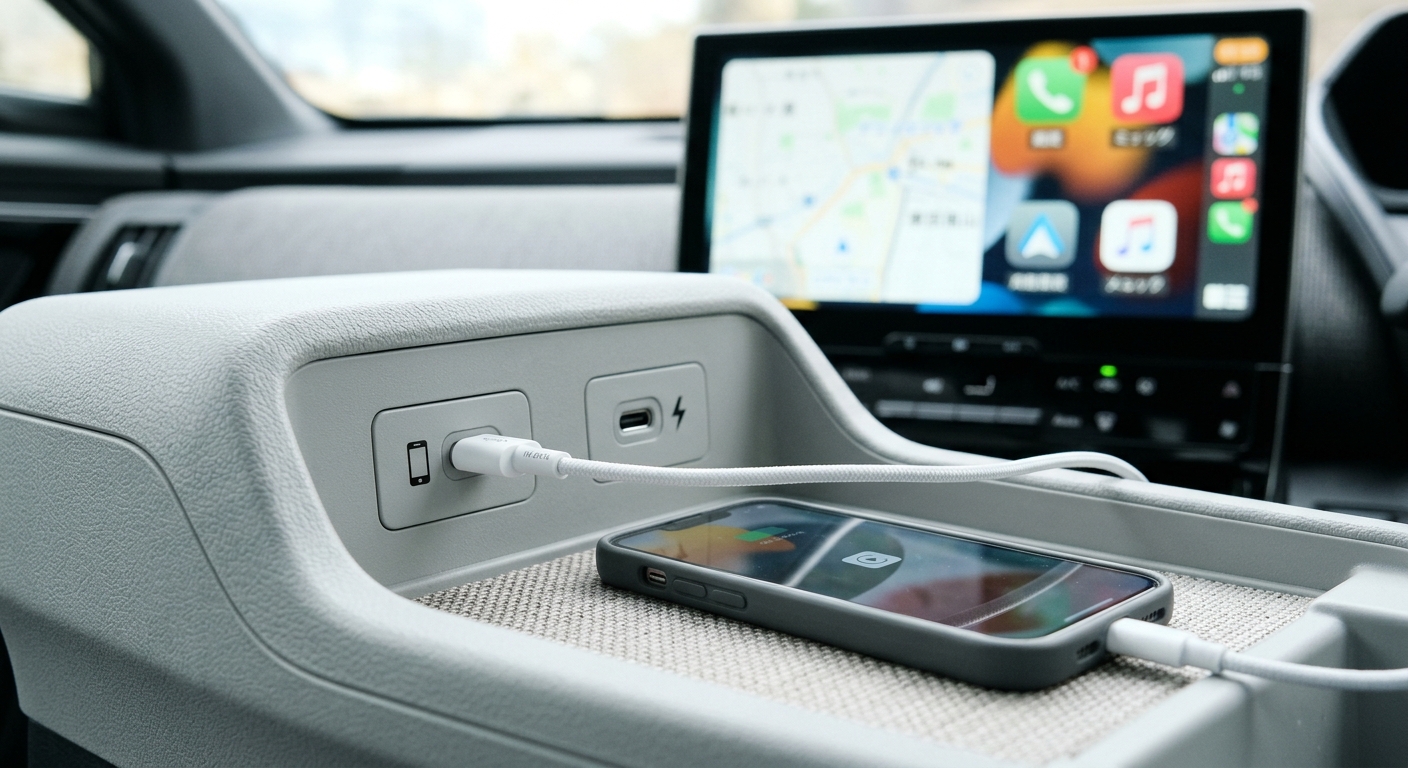 Charging cable plugged into a USB data port beside the touchscreen of a right-hand-drive car