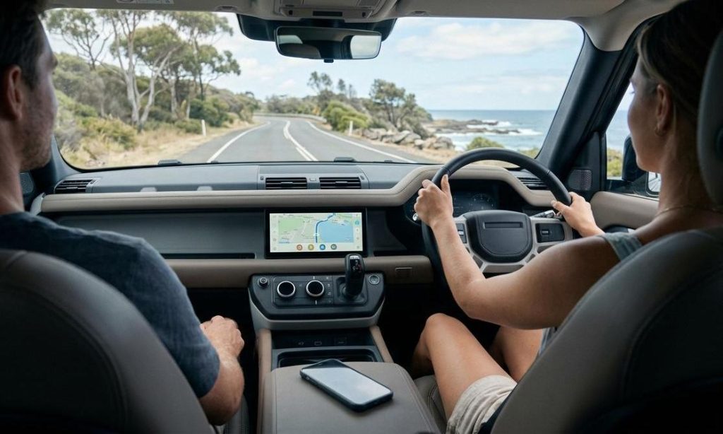 Right-hand-drive car interior with a CarPlay screen and a small wireless adapter on the console