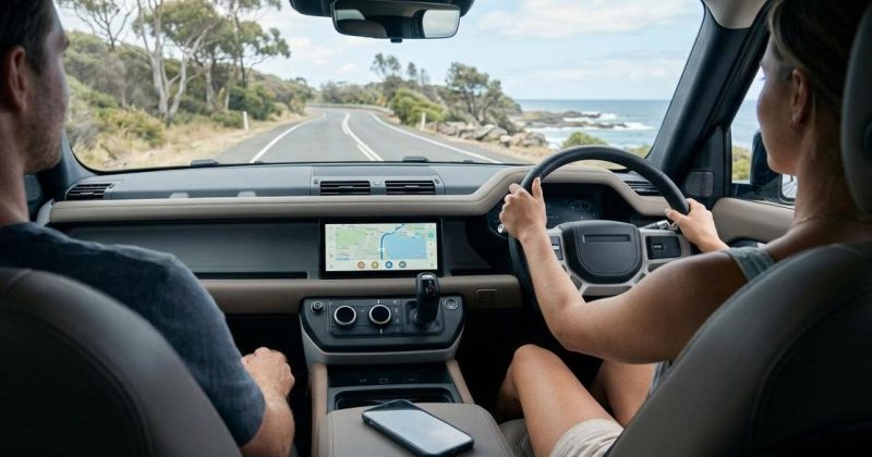 Right-hand-drive car interior with a CarPlay screen and a small wireless adapter on the console
