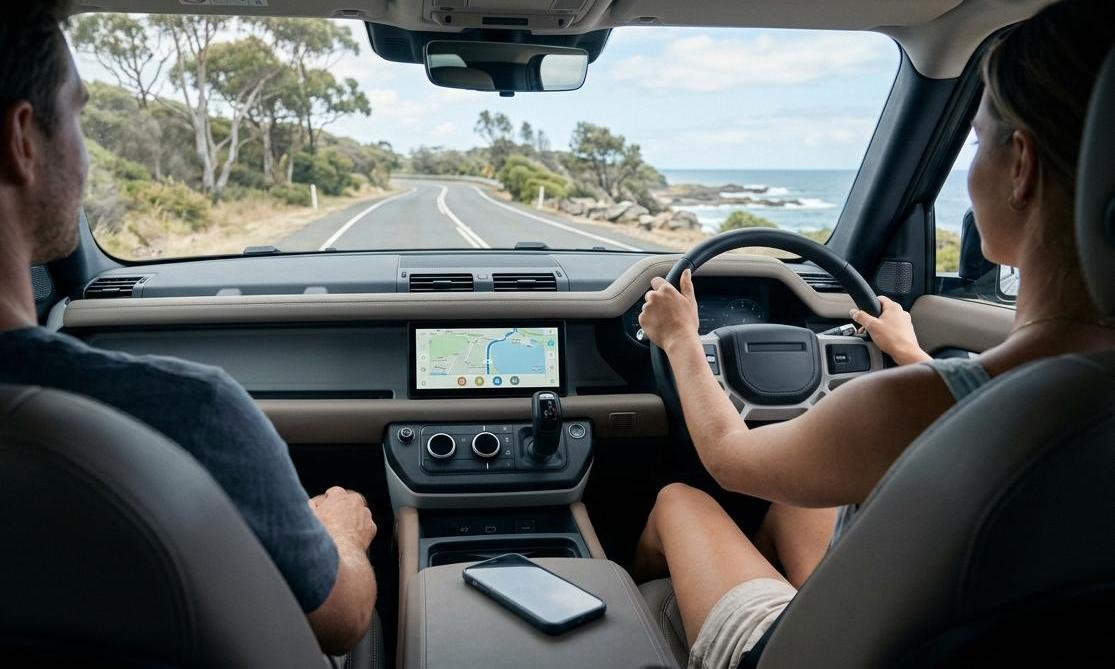 Right-hand-drive car interior with a CarPlay screen and a small wireless adapter on the console