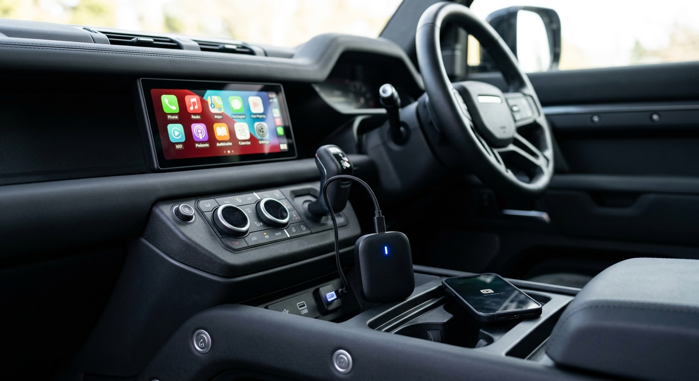 Small wireless CarPlay adapter plugged into a USB port beside a factory touchscreen in a right-hand-drive car