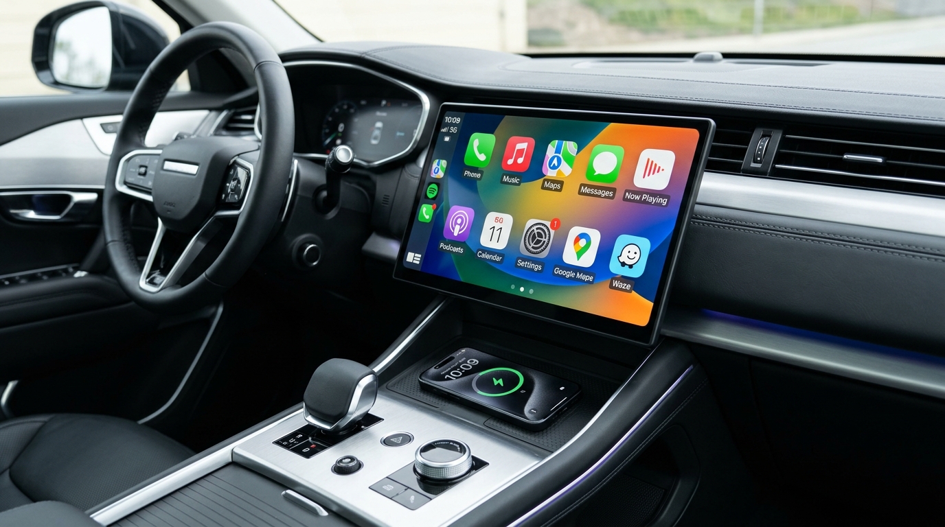 Car touchscreen showing a generic app grid after a wireless CarPlay connection is made