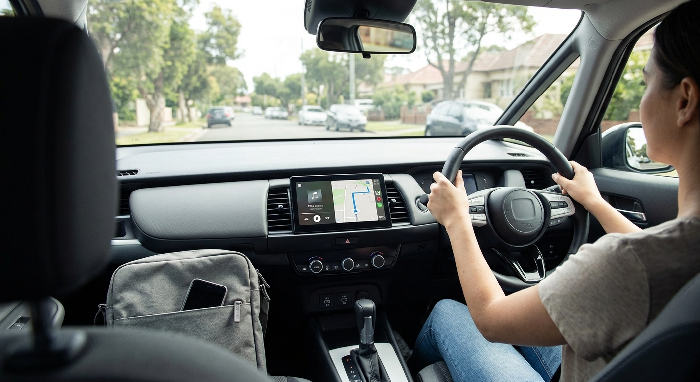 Right-hand-drive car interior with a wireless CarPlay screen running without a USB cable
