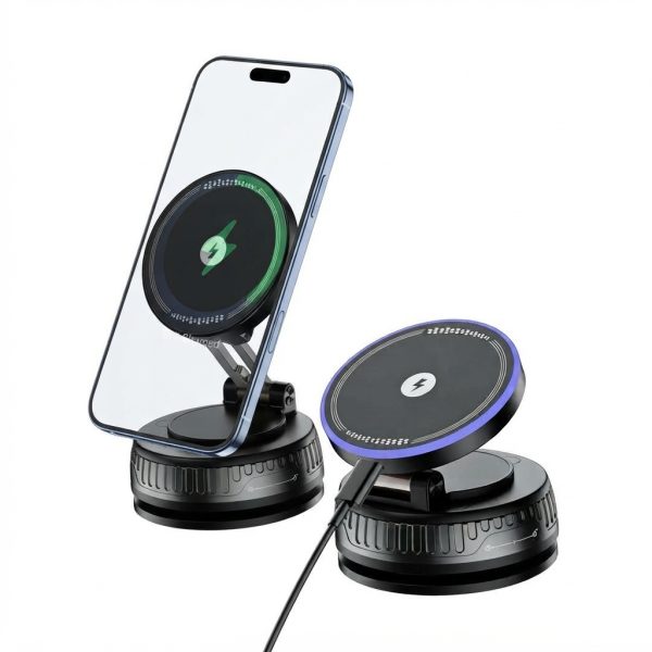 Magnetic Wireless Car Charger Mount – Dual-Ring N52 Magnets, Twist-to-Lock Suction Base, Foldable Dashboard Phone Holder