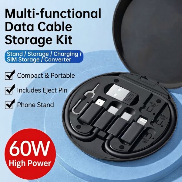 Travel Cable Organizer Kit – 60W USB-C Cable, Lightning & Micro USB Adapters, SIM Storage, Eject Pin